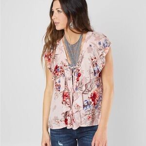 Buckle Exclusive Gimmicks Womens Floral Blouse Pink Tie Lace Up Short Sleeve M